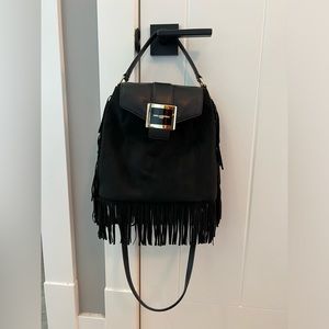EUC Karl Lagerfeld black leather and micro suede fringe tassel shoulder bag